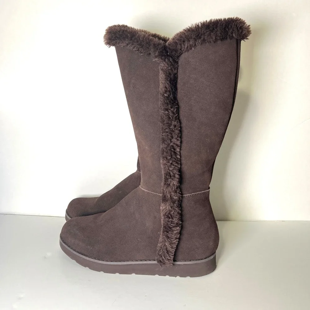 Lands End‎ Womens Dark Brown Leather Suede Faux Fur Lined Tall Winter Boots 8B